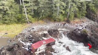 Container from cargo ship breaks open on shore of northern Vancouver Island