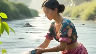 “A village girl is washing clothes.”