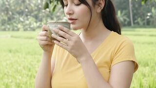 Drinking tea in the morning rice fields
