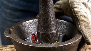 Crushing AA Batteries in a Cast Iron Mortar | Oddly Satisfying ASMR