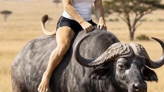 😂 Lioness Rides a Buffalo While Showing Off Her Umbrella! 🦁🐃☔