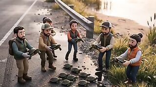 Rescuers Help Turtles Safely Cross the Road