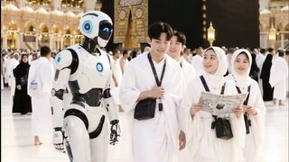 Robot walking with Korean pilgrims in masjid al haraam