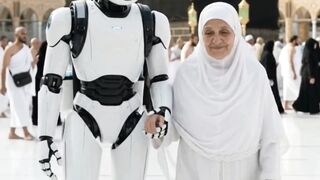 Old lady pilgrim helped by robot