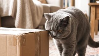 Funny British Shorthair Cat Attacks a Cardboard Box