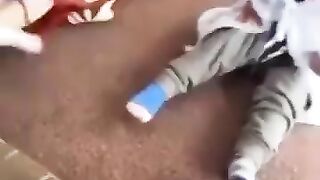 Fighting dog and cute baby