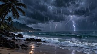 Ocean Thunderstorm at Night | Heavy Rain, Lightning and Powerful Waves for Deep Sleep