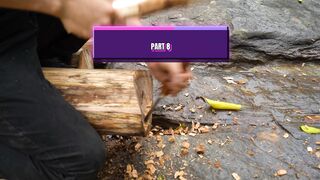 Man Arranges Wooden Logs on a Rocky Surface in a Lush Forest