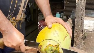 Green fresh young coconut cutting skills ASMR