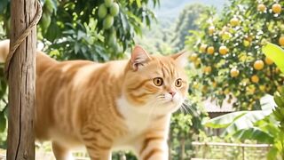 Kucing oren memetik buah dikebun