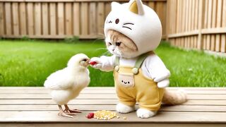 A chicken and a cat are friends