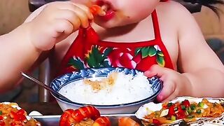 Cute Little Girl Eating Asian Feast Mukbang ASMR with Seafood
