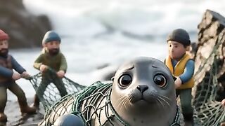Rescuers Free a Baby Seal Trapped in a Fishing Net