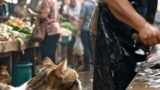 Cat steals fish at the market