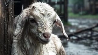 El cabrito mojado en el barro y el pequeño refugio de madera construido para él