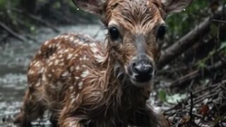 El ciervo bebé atrapado en el barro y el refugio natural construido cerca del bosque