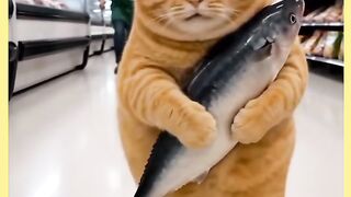 GATO PEGOU UM PEIXE NO MERCADO