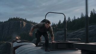 Man running on train top then jumping into the river