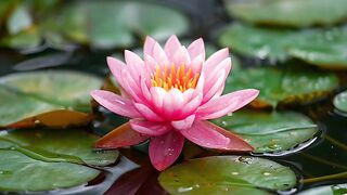 Beautiful Pink Water Lily Blooming on Calm Pond
