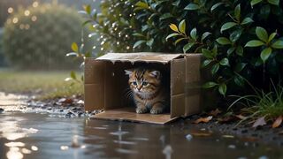 A kitten shelters from the rain