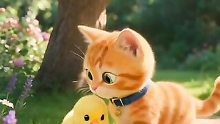 Cute Orange Kitten and Baby Duckling – A Magical Friendship in the Garden