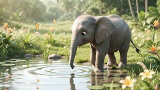 Playful Baby Elephant Splashing by the Pond