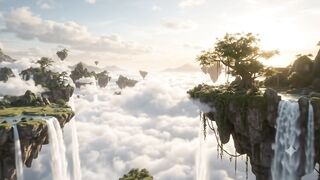 Majestic Floating Islands Above the Clouds at Sunset