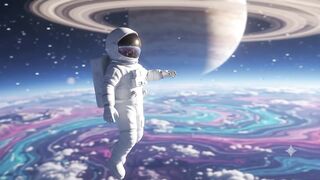 Astronaut Floating Over a Surreal Alien World in Deep Space