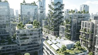 Futuristic Eco-City with Green Skyscrapers and Sustainable Architecture