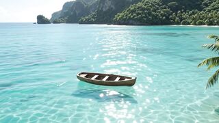 Peaceful Wooden Boat Floating on Crystal Clear Tropical Waters