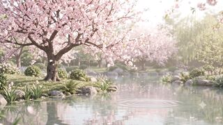 Peaceful Cherry Blossom Garden with a Serene Pond in Spring