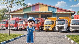 Cute Cartoon Boy Waving in Front of Colorful Trucks at Garage