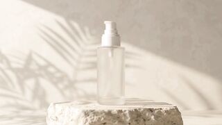 Cosmetic bottle on stone podium