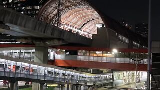 Nighttime cityscape with illuminated transit bridge and traffic flow