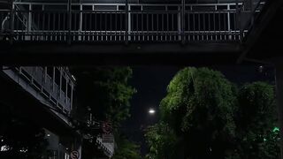 Night scene under a brightly lit bridge