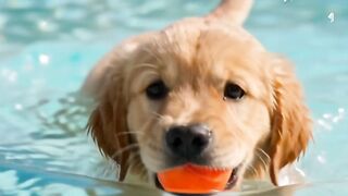 fluffy golden retriever puppy paddles