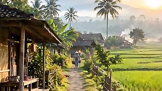 Peaceful Indonesian Countryside at Sunrise with Green Rice Fields, Palm Trees, and Traditional Village Houses