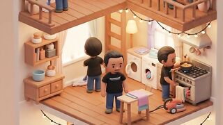 Miniatur Rumah Boneka Isometris 3D: Kesibukan Pekerjaan Rumah Tangga (Gaya Chibi & Claymation)