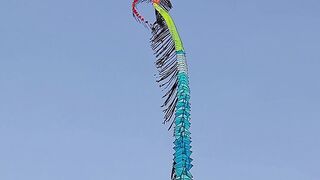 Giant Long Blue Centipede Train Kite With Many Segments Flying High In Clear Blue Sky At Festival
