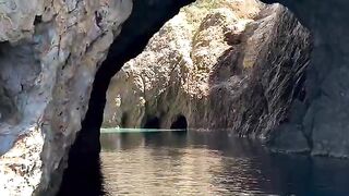 Clear blue water in sea cave 🌊