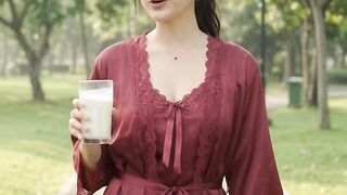 drinking milk in the afternoon while gardening
