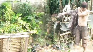 There's a neighbor drying clothes.
