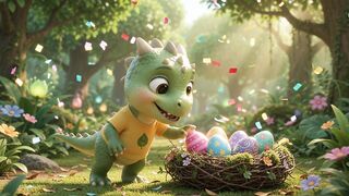 Cute cartoon dinosaur character celebrating with magical floating easter eggs in a forest.