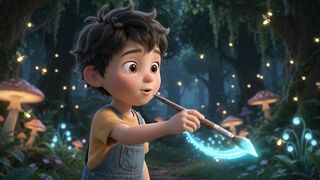 Animated young boy painting glowing magical butterfly with light brush in enchanted forest night setting with bioluminescent plants.