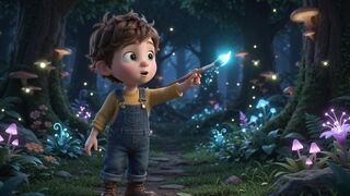 Little boy painting a magical glowing butterfly in a whimsical enchanted forest with art brush.