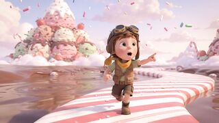 Animated boy running on a striped path through a whimsical candy land with large ice cream mountains and chocolate rivers.