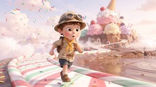 Adventurous boy explorer walking along candy path towards giant ice cream mountain in magical food landscape.