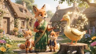 Enchanted goose showing golden magic wings to fox family in fairy tale village cinematic animation.