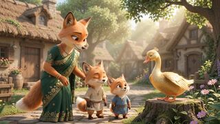 Enchanted goose showing golden magic wings to fox family in fairy tale village cinematic animation. 2