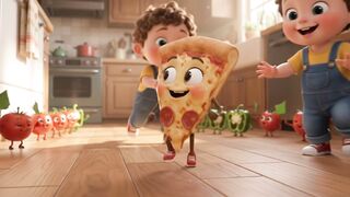 Animated pizza character running and playing with happy vegetables in domestic kitchen.